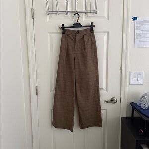 Brown Plaid Wide-Leg Trousers